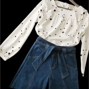 LOFT Star Print Blouse White & Black Ruffel Details Small